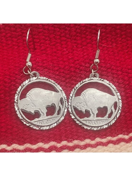 EJC 97 Jewelry - Vtg EJC 97 Pewter Buffalo Nickel Five Cents Coin Dangle Earrings Cutout Silver